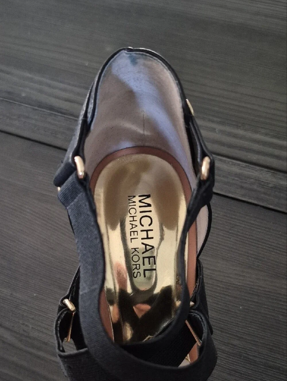 Michael Kors Black and Tan Strappy Elastic Sandals